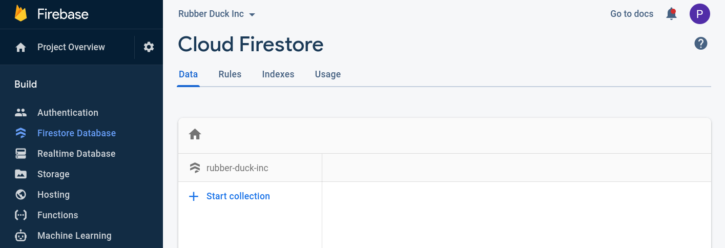 Screen after creating Firestore database
