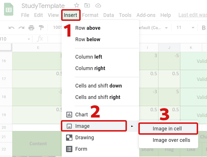 A diagram demonstrating how to insert an image into a study configuration spreadsheet.