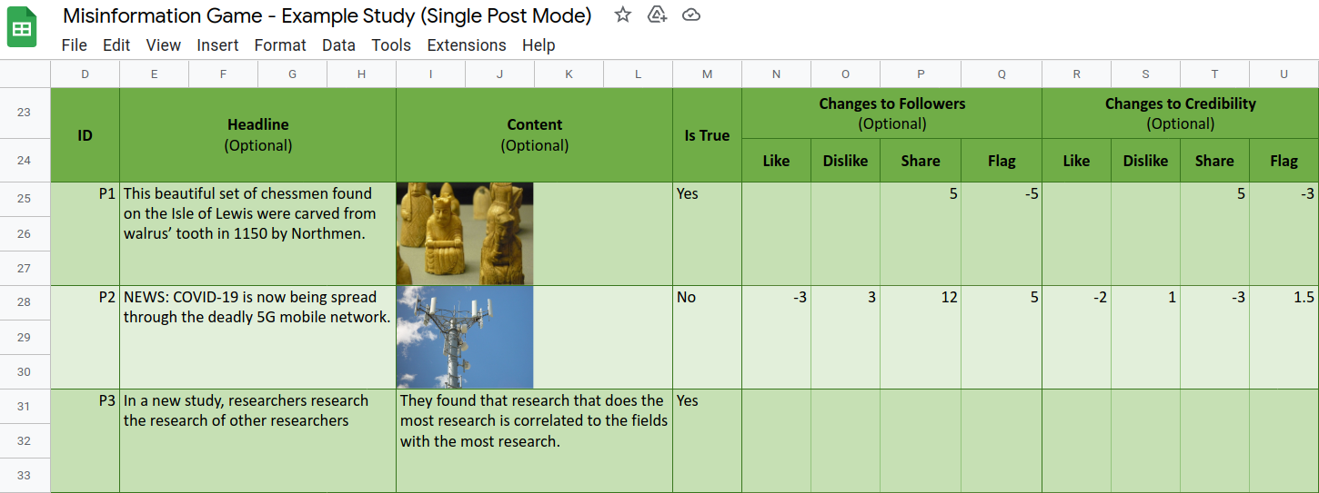Screenshot of a configuration for a study in Google Sheets.